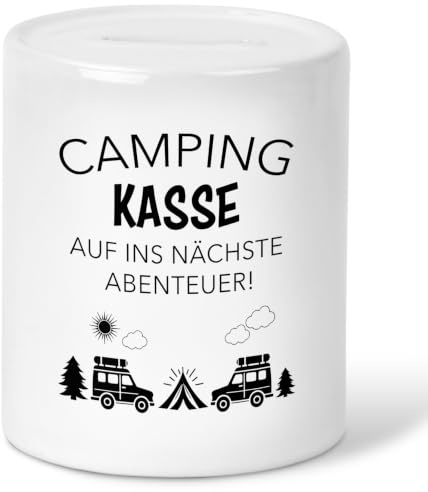 22Feels Spardose für Camper & Abenteurer – Geschenk zum Urlaub & Reisekasse – Keramik, Weiß mit Camping Kasse Motiv
