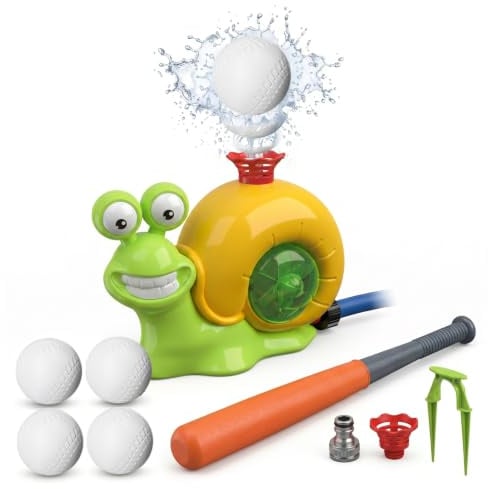 Bemonew Sprinkler Tball Baseball Water Toy, Cute Snail Water Baseball Sprinkler Tball Set with Auto-Eject & Retractable Bat for Kids Outdoor Summer Play