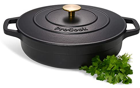 ProCook Black Shallow Oval Cast Iron Casserole Dish with Self Basting Lid Enamel Coated Induction & Oven Safe Cookware - 28cm / 3.9L