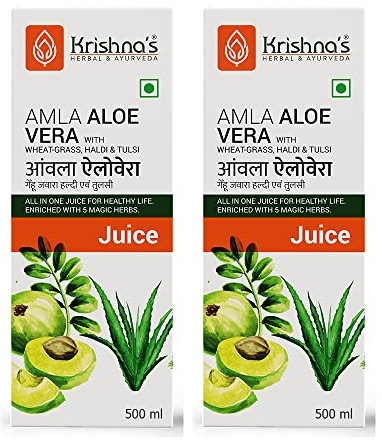 Krishna's Amla Aloe Vera Jus d'herbe de blé, Haldi et Tulsi – 500 ml (lot de 2) | Antioxydant puissant | Enrichi en vitamine C | Boisson tout-en-un avec Aloe Vera, Amla, Haldi, Tulsi et herbe de blé