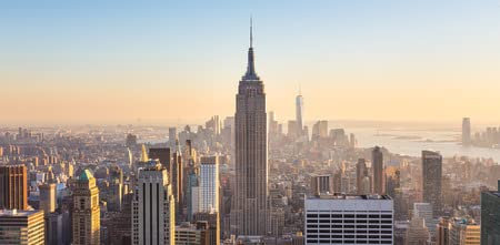 adrium Holz-Bild 60 x 30 cm: New York City. Manhattan in der Innenstadt von Skyline mit beleuchtetem State -Gebäude und Wolkenkratzern bei Sonnenuntergang vo(50308399)