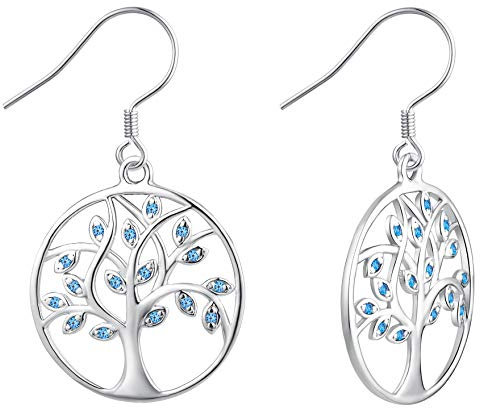 YL Boucles D'oreilless Arbre de Vie Boucles Argent avec Aigue-marine 925 pour Femmes