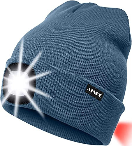ATNKE 8LED beleuchtete Strickmütze, wiederaufladbare USB-Scheinwerferkappe mit extrem Heller, wasserdichter Lampe und Blinkender Alarm Rotes Rücklicht Multi-Color/Shadow Blue