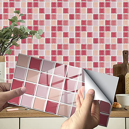 Hiseng 24/48 Pièces Rectangle Adhésive Décorative à Carreaux pour Salle de Bains et Cuisine Stickers Carrelage, Motif Marbre Mosaïque Imperméables Adhésive Décoration (Rose Mosaïque,24Pièces)
