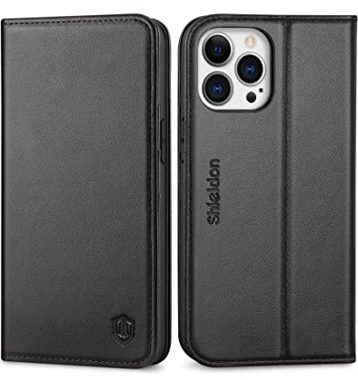 SHIELDON Hülle für iPhone 13 Pro, Handyhülle Schutzhülle [Echtleder] [Kartenfach] [Magnet] [Standfunktion] RFID-Sperre Einfache Lederhülle Kompatibel mit iPhone 13 Pro 6,1 - Schwarz