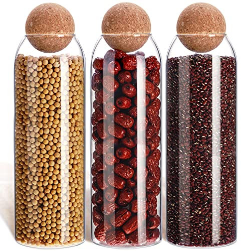 3 Pcs Glass Jar Storage Container with Ball Cork Decorative Round Organizer Bottle Sealed Canister Jar with Airtight Seal Wooden Lid for Food Coffee Bean Candy Biscuits Spice(1300 ML/ 44 Oz)