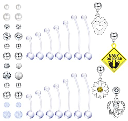Kakonia 14 Stück Bauchnabelpiercing Schwangerschaft 14G Flexibler Acryl Kunststoff 14/16/18/32/35/38 mm Langen Bauchnabel Piercing
