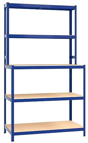 vidaXL Arbeitstisch mit 5 Ablagen Blau Stahl & Holzwerkstoff, Lagergestell, Industrieregal, Werkstattregal, Lagerregal, Regalgestell, Schwerlastregal