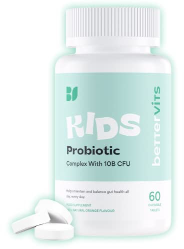 Bettervits Kids Probiotic Complex – 10 Billion CFU | Probiotics for Children 10-16 years old - Gut Health and Immunity Support | Maintains Healthy Digestion | 60 Chewable Orange-Flavored Tablets.