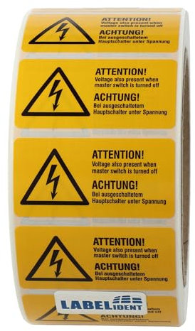 Warnaufkleber W012 - Warnung elektrische Spannung - 50,8 x 25,4 mm - 1.000 selbstklebende Warnzeichen 1 Rolle(n), Polyethylen