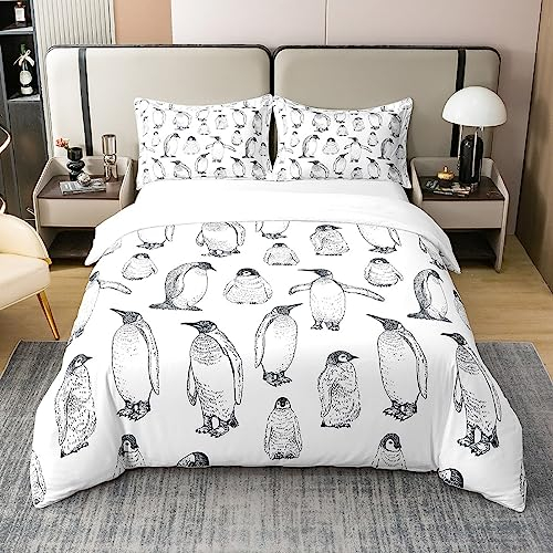 100% Gewaschene Baumwolle Pinguin Bettwäsche Set 155x220,Antarktis Tier Bettbezug für Kinder Jungen Mädchen Kinder,Winter Thema Tröster Abdeckung Pinguin Skizze Quilt Cover Dekorativ,Grau Weiß