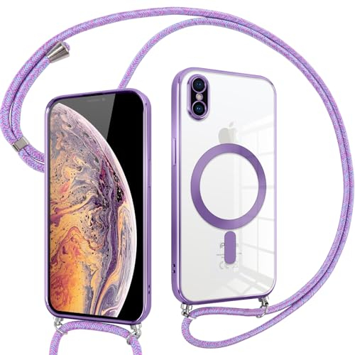 Pnakqil Magnetisch Hülle für iPhone XS Max mit Band, Kompatibel mit MagSafe, Handyhülle Durchsichtig Dünn Silikon mit Handyband Kordel, Stoßfest Schutzhülle für iPhone XS Max, Dunkellila