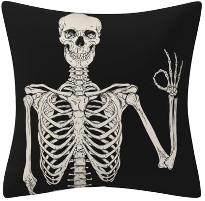 DILOXNSU Skull Cushion Covers 18 x 18 inch Skeleton OK Posing Gothic Cushions Covers Double-Sided Velvet Decorative Pillows Covers for Sofa Bed Livingroom Halloween Decorations 45 x 45 cm