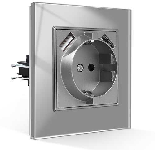 CNBINGO Schuko Steckdose mit USB Anschluss, Dual Typ-A Unterstützung Max.2,1 Amp, Einzel Steckdose mit Krallen, Schutzkontakt Wandsteckdose mit Glasrahmen in Grau, 1-Fach