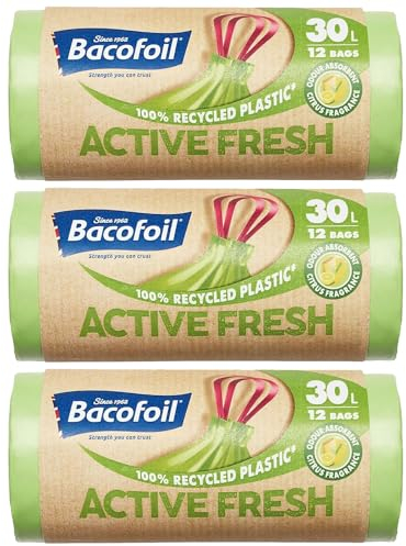 Bacofoil Active Fresh Bin Liners with Drawstring Handles 30L - Leak-Proof Bin Bag with a Citrus Fragrance to Prevent Odours (3 Rolls, 36 Bags)…