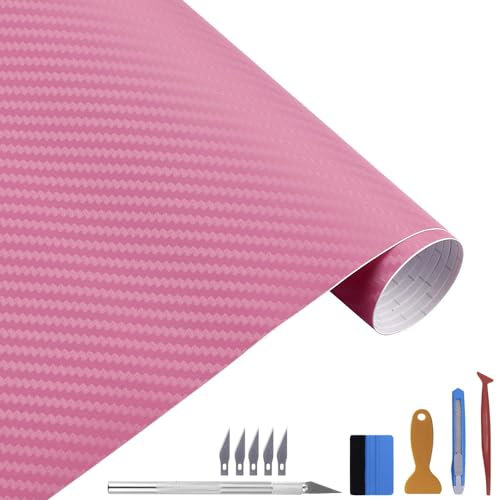 Carbon Autofolie Matt Rose Mit Einbauwerkzeug, 30 x 300 cm Selbstklebend 3D Car Wrapping Blasenfrei Vinyl Folie, Carbonfolie Lackschutzfolien für Auto Motorrad DIY