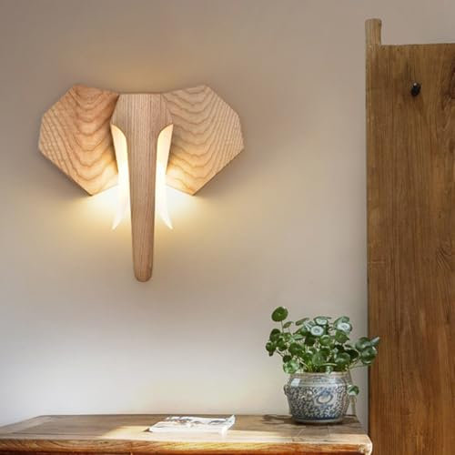 12W LED Wandleuchte Korridor Holz Elefanten Lampe Dimmbar 3-Farben Modern LED Beleuchtung Retro Tiere Dekorative Nachttischlampe Wandlampe für Wohnzimmer Flur Treppen Schlafzimmer Balkon Büro, 32*36cm