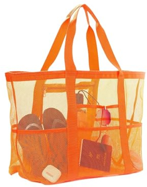 CCAIPU Große Netz Strandtasche, faltbare Handtasche mit Fächern und Reißverschluss für den Strandurlaub und den Einkauf