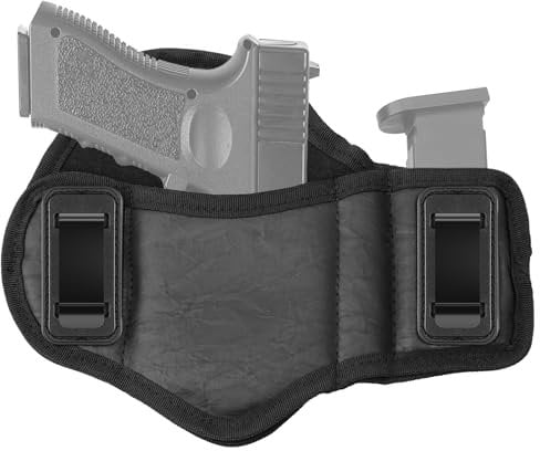 ZONSUSE Universelles IWB Waffenholster, Taktisches Pfannkuchen Holster, Pistolenholster zum Verdeckten Tragen, PU-Leder Pistolentasche für Männer/Frauen, Kompatibel mit Glock, P99 (Mit Magazintasche)