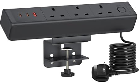 Desk Power Socket with 65W USB, Haiaoyyds Aluminium Alloy Desktop Clamp Power Strip with 3 UK Plugs, 3 USB Ports, Overload Switch, 1.8M Cable, Ideal for Office, Home, Workspace, Black