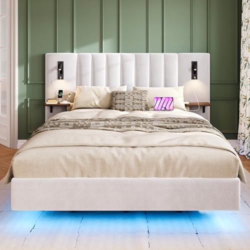 Miyemo Double Bed Frame with Storage Headboard, 4ft6 Upholstered Double Bed with 2 Bedside-Lamps & Charging-Socket & Light-Strip Under the Bed, Velvet+lron, 135x190cm, White, (No Mattress)