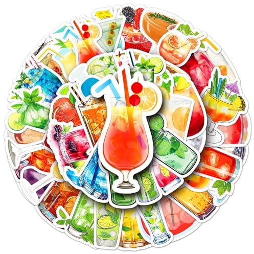 Der Cocktail Wasserdichte Aufkleber Set Geschenk für Jugendliche Erwachsene 50 Stück Cocktails Vinyl Sticker Deko für Auto Motorräder Fahrrad Skateboard Snowboard Gepäck Laptop Scrapbook Auto Koffer