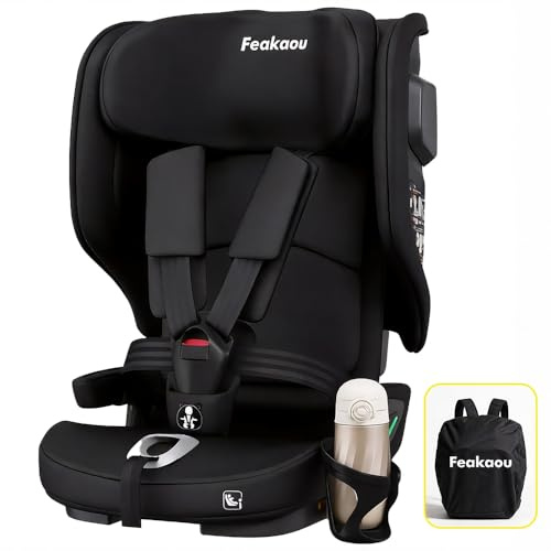 Feakaou Toddler Car Seat - Travel Foldable Isofix Baby Car Seat,15 Months - 12 Years, 76-150cm,Narrow Portable and Lightweight,Side Impact Protection & Travel Bag & Cupholder,Black