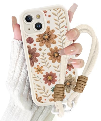 Kueqeay Coques pour iPhone 15 6,1'' avec Cordon Bracelet, Étui Silicone Aesthetic Fleurs Motif Blanc Fille Femme Dessin Telephone Universelle Antichoc Protection Photo Housse Lanyard Cover Case, 02