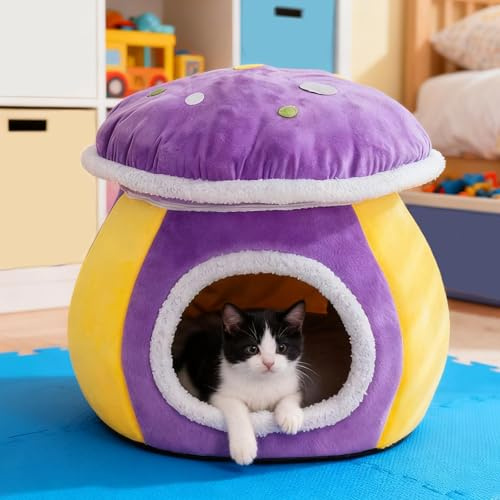 3D Pilz Katzenbett, Abnehmbar Katzenhöhle, Weich und warm Katzen Bett, Hundebett, waschbar Haustierbett, Katzenkissen, Katzensofa, Haustierbett, Katzenkorb, für Katzen und Welpen (Lila, 40x40x33 cm)