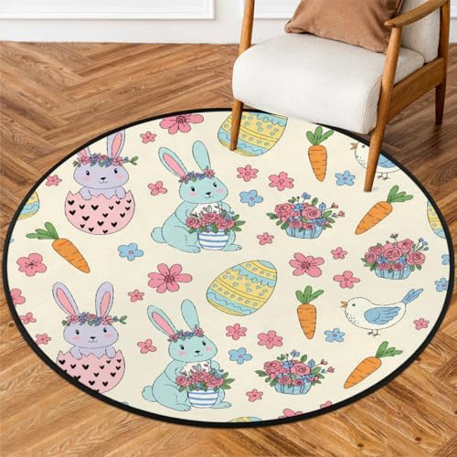 Drekrid Runder Teppich, 90 cm, runder Eingangsbereich, waschbar, Fußmatte für Schlafzimmer, Sofa, Wohnzimmer, Kinderzimmer, Dekoration, rutschfester Bodenteppich, ästhetisch, Comic-Dekor (Osterhase)