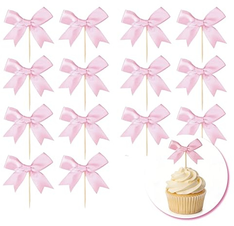 Ruvan 24 Stück Schleifenband Cupcake Toppers Hochzeit, Schleifen Tortendeko, Cupcake Muffin Kuchen Deko Mädchen, Kuchendeko Für Taufe Geburtstag Deko (Rosa)