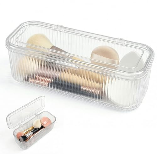 KAGEYMB Porta-pennelli per trucco, trasparente, con coperchio, 25 x 11 x 9,2 cm, in PET, acrilico, antipolvere, per pennelli, spugne, rossetto