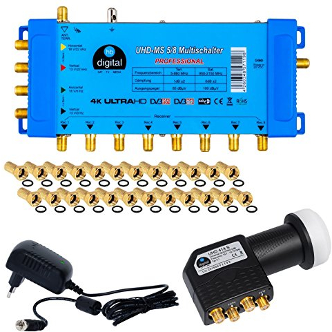 HB-DIGITAL Set: Quattro LNB Schwarz (Test: SEHR GUT) + Multischalter pmse 5/8 bis zu 1x Satellit und bis zu 8X Teilnehmer/Receiver für Full HDTV 3D 4K UHD mit Netzteil + 24 Vergoldete F-Stecker