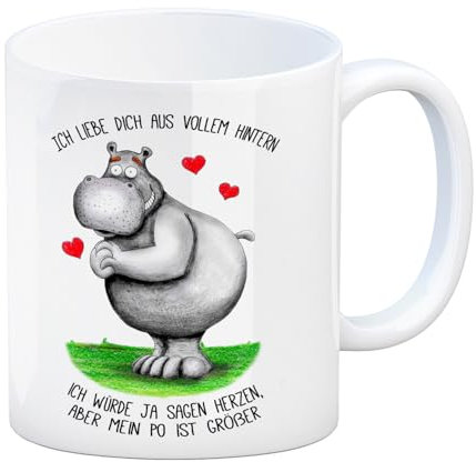 trendaffe - Kaffeebecher mit Nilpferd Motiv und Spruch: Ich Liebe Dich aus vollem Hintern