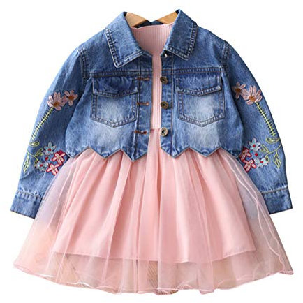 Yao 2-6 Ans Ensemble de vêtements pour Filles Printemps Automne Veste en Jean pour Enfants et Robe à Manches Longues 2 pièces(Rose,5A)
