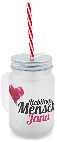 printplanet® - Trinkglas mit Henkel und Strohhalm - Bedruckt mit Namen Jana Layout Lieblingsmensch - Henkel-Glas satiniert mit Deckel und Mehrweg-Trinkhalm