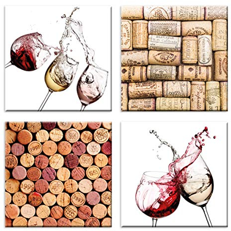 LuxHomeDecor Quadri Vino Cucina 4 Pezzi 30x30 cm Stampa su Tela con Telaio in Legno Arredamento Arte Arredo Moderno