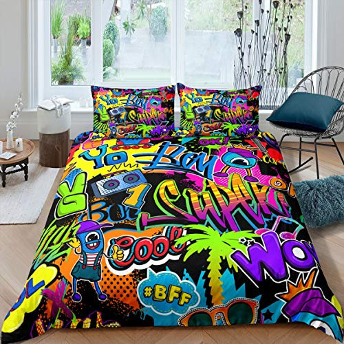 Hippie Cartoon Bettwäsche-Set Hip Hop Street Kultur Bettwäsche Set 200x200cm Graffiti Briefe Betten Set für Kinder Jungen Mädchen Teenager 3St.Reißverschluss Mikrofaser