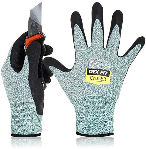 DEX FIT Guantes Anticortes de Nivel 5 Cru553, Ajuste Cómodo Elástico 3D, Buen Agarre, Recubrimiento de Espuma Duradero de Nitrilo, Táctil, Fino y Ligero, Lavable, Verde 10 (xl) 3 Pares