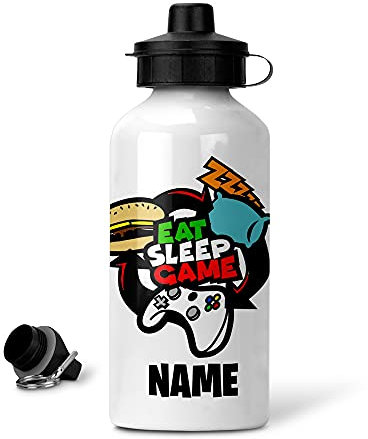 EnvyFone Eat Sleep Game Water Bottle - Personalised Gamer Gift - Aluminium - Ideal for School Packed Lunch Sports Cycling Outdoors - Gamer Present