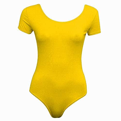 FAIRY TRENDZ LTD Ladies Stretch Bodysuit Top Womens Cap Sleeve Plain Round Neck Stretch Fitted Leotard(Yellow UK 8-10)