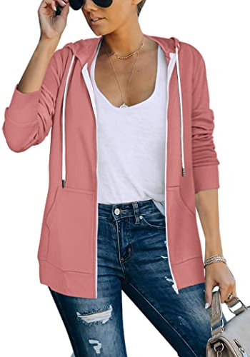 Saloogoe Sweat à capuche léger à manches longues avec fermeture éclair pour femme, 01 - Rose, Large