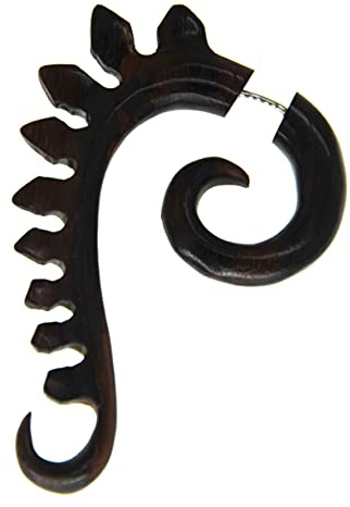 CHICNET Fake Piercing Ohrring Holz Hook Spirale Drachenrücken dunkel braun Dehnschnecke Dehnspirale Tribal Ohr Schmuck Damen Herren