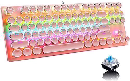 Hsitoolg Mechanical Gaming Pink Keyboard,87 Key Retro Punk Typewriter-Style,Blue Switch RGB Backlit Keyboard,Anti-Ghosting, USB Wired, for PC Laptop Desktop Computer, for Game and Office