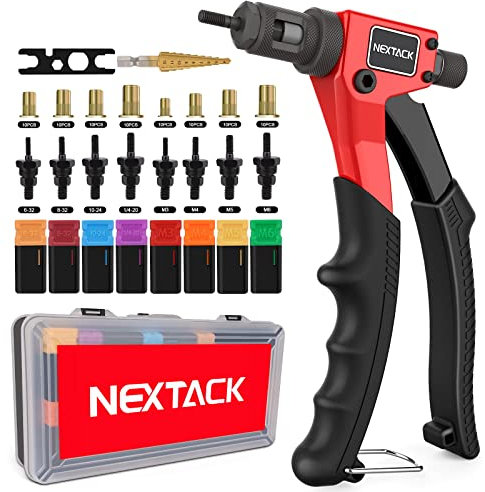 NEXTACK Rivet Nut Tool Kit with a Step Drill Bit & 80 Nutserts for Tight Space, 8 Rivnut Tool Set Riveter with 8 Mandrels 6-32 8-32 10-24 1/4-20 M3 M4 M5 M6 in Organized Rugged Carrying Case NT600