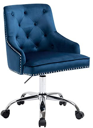 Sepnine Bürostuhl Samt, Schreibtischstuhl Aesthetic Mädchen, Schminkstuhl mit Rollen, Drehstuhl mit Silbernen Stuhlbeinen, Höhenverstellbar, Studie, Büro, Schlafzimmer, Bis 135 kg, blau