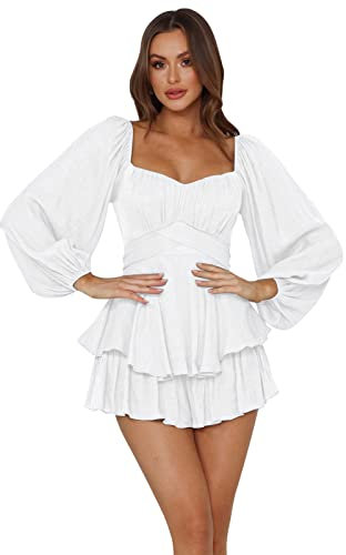 Odizli Playsuits for Women UK Elegant Sexy Boho Floral Long Sleeve Square Neck Ruffle Hem Chiffon Romper Shorts Mini Smock Dress Ladies Cottagecore Summer Beach Casual Short Jumpsuit White XL