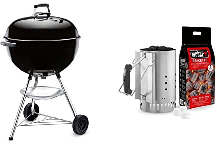 Weber Bar-B-Kettle - Barbacoa de carbón, 30 mm, 580 mm, 990 mm, Color Negro + 17631 - Set Chimenea con briquetas Encendido Blancas, Inox, 2 kg / 6 Pastillas