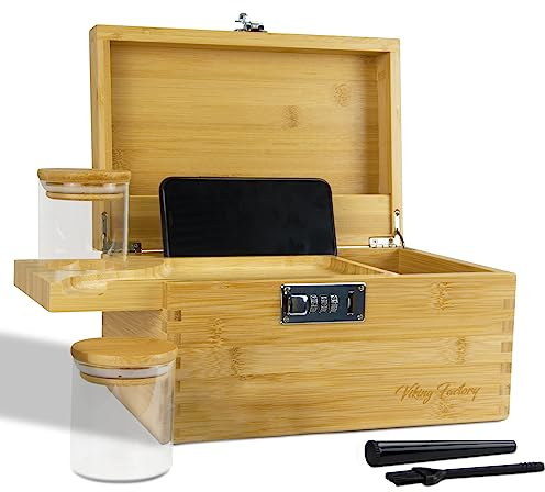 Viking Factory Bambus Aufbewahrungsbox mit Zahlenschloss - Inkl. Tablett, 2x Glasdosen, Zerkleinerer, Bürste & Trichter - Sicherer Organizer für Zubehör