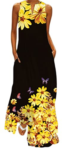 ticticlily Vestito Estivo Donna Abiti Lunghi Senza Manica e Scollo V Vestiti da Casuale Vacanza Spiaggia Casa Abito Stampa Floreale Taglie Forti per Donna Giallo M